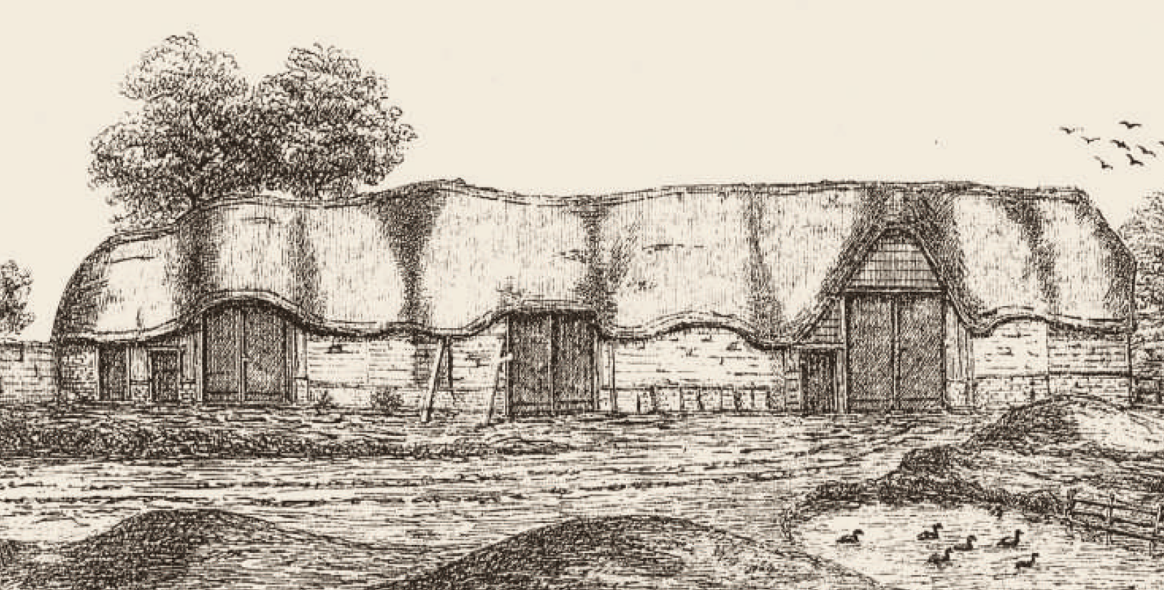 Fig: 3 A drawing of the Great Barn, by Rev George Stallard, in c1874. A building called The Great Barn was thatched in the 1530s, and presumably is the same structure. Only the left (eastern) third survived until the 20th century, and was demolished, perhaps after a fire, c1920 (Graham Bathe, 2022).