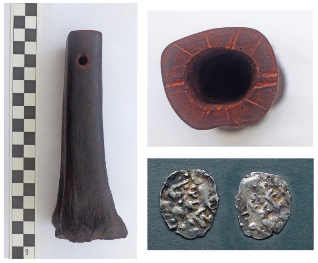 Fig: 6 A bone ‘purse’, with a drill hole, and a single unfamiliar coin inside. This was the most-perplexing discovery of the dig. Initially interpreted as probably from the Iron Age (and as such unique) it was later identified as Turkish. (Brian Clarke).