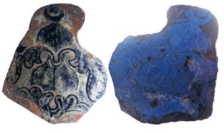 Fig: 7 A piece of stained and painted glass discovered at Wolfhall. The images show the same piece in translucent and reflected light. The colour and nibbled or ‘grozed’ edges suggests a date of c1520-1550 (Graham Bathe, 2022).